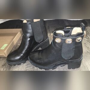 Black Ankle Boots with Gold Accents